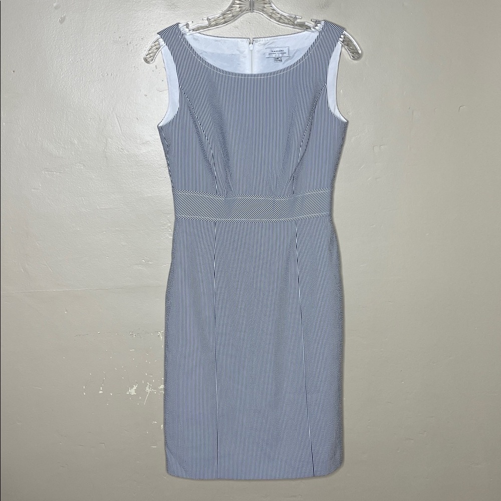 TAHARI Blue & White Seer Sucker Fitted Corporate Career Polished Sheath Dress 2